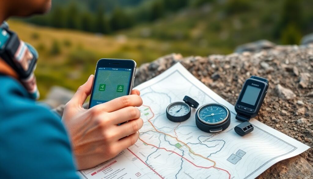 Гид по туристической навигации: карта, компас и GPS - иллюстрация